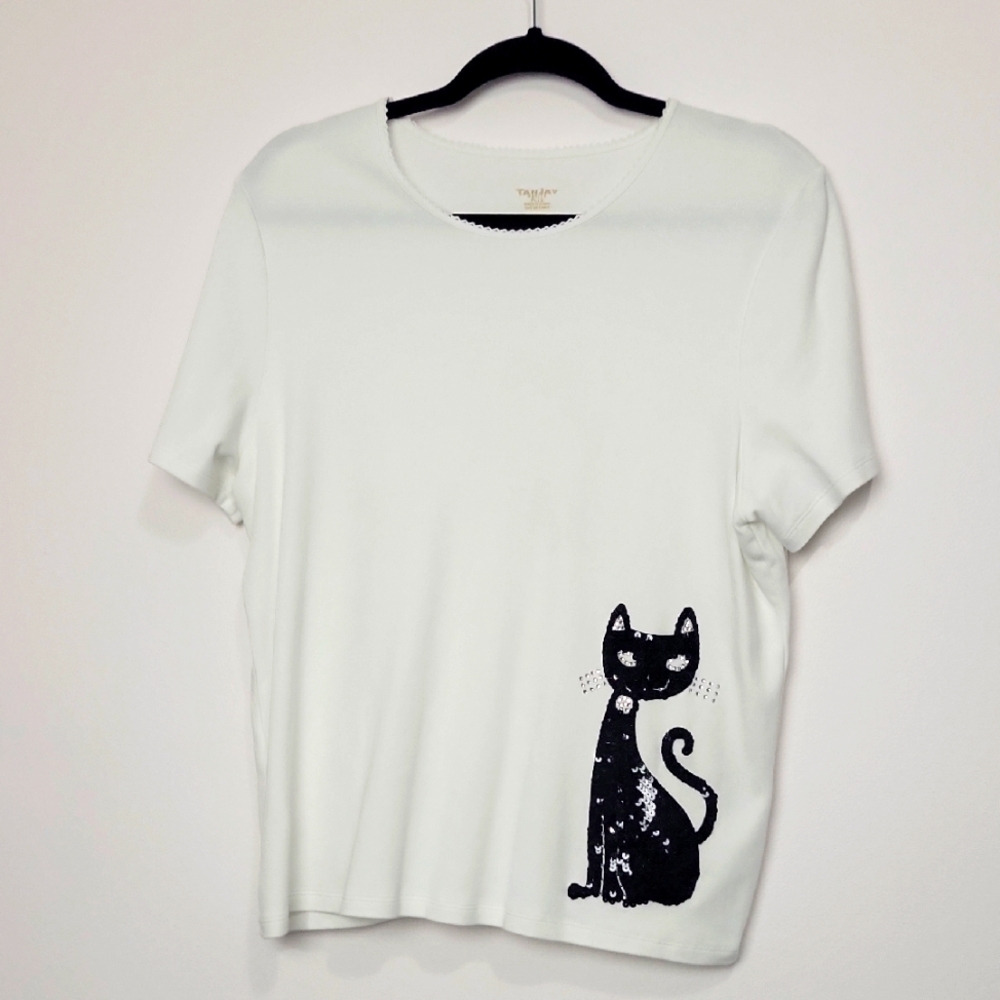 TAN JAY WOMEN'S SEQUINS BLACK CAT SHORT SLEEVE WHITE TEE PETITE LARGE